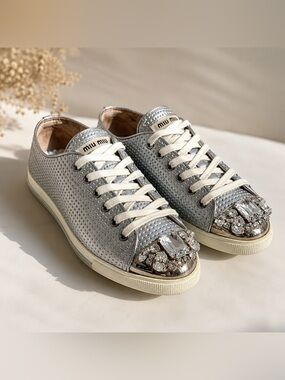Miu Miu Silver Metallic Crystal-Toe Low-Top Sneakers